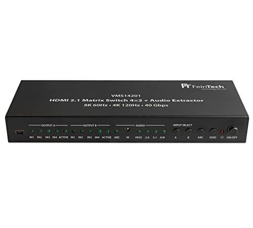 FeinTech VMS14201 HDMI 2.1 Matrix Switch 4x2 Umschalter 4K 120Hz 8K Ultra-HD 4 in 2 Out Audio Extractror ARC Toslink SPDIF Downscaler für Xbox PS5 TV Monitor HDR VRR 40Gbps