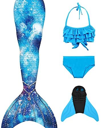 FOLOEO Mädchen Meerjungfrauenschwanz Zum Schwimmen mit Meerjungfrau Flosse- Prinzessin Cosplay Bademode für das Schwimmen mit Bikini Set und Monoflosse, 4 Stück Set, Mehrfarbig (GN01-CC), 130