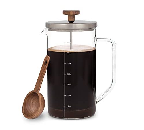 GLASWERK French Press 0,35 L - French Press Klein - Kaffeebereiter mit Portionierlöffel aus Walnussholz und Edelstahldeckel - plastikfreie Kaffee French Press - French Press Kaffee