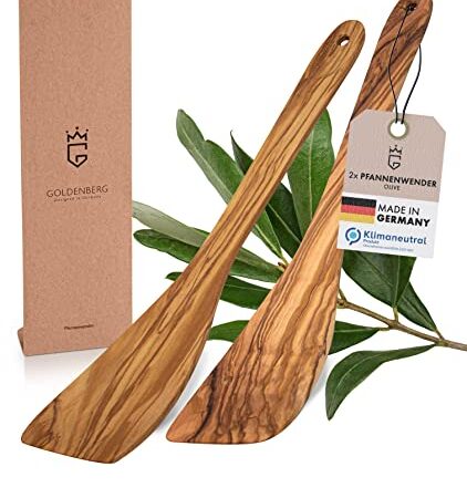 GOLDENBERG® Premium Pfannenwender Olive 2er Set - feinstes italienisches Olivenholz - MADE IN GERMANY - 100% Klimaneutral - Bratenwender Holz - Pfannenwender Holz - Holz Kochbesteck