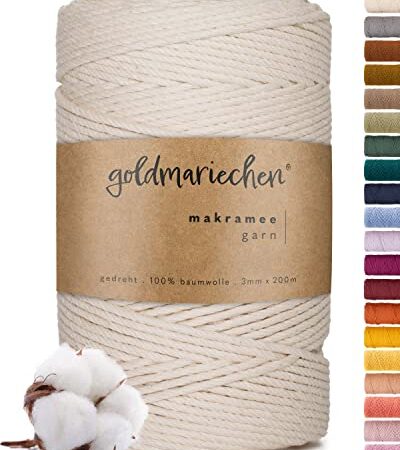 goldmariechen Premium Makramee Garn (Naturell) | 3mm x 200m | 100% Baumwolle | plastikfreie Verpackung | Makramee Baumwollgarn für DIY Handwerk