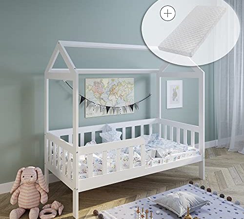Hausbett Kinderbett 80x160 cm mit Matratze, Rausfallschutz & Lattenrost weiß 160 x 80 für Mädchen und Jungen Massivholz Kiefer