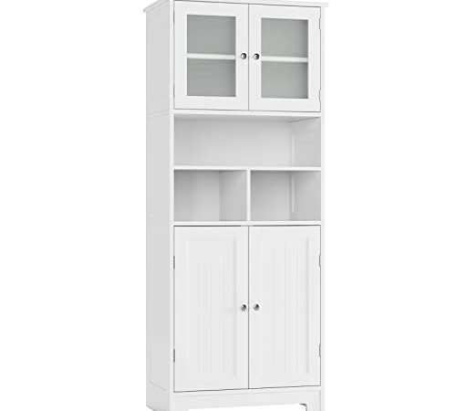 HOCSOK Badezimmerschrank Badschrank mit offenem Fach und 4 Türen Küchenschrank aus Holz mit Verstellbarer Einlegeboden weiß 147.5 x 60 x 30 cm