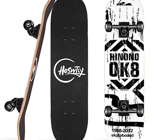 HOSWTLY Skateboard, 31 x 8 Inch Complete Cruiser Skateboard, 5-Layer Canadian Maple Double Kick Deck Skateboard for Children from 5-8 Years Teenagers and Adults, ‎82.5 x 21 x 12.8 cm