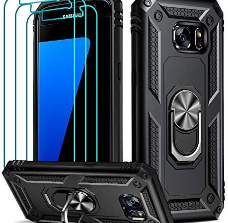 ivoler für Samsung Galaxy S7 Hülle mit [Panzerfolie *3], Militärischer Schutz Stoßfest Handyhülle Anti-Kratzer Schutzhülle Case Cover mit 360 Grad Ring Halter, Schwarz