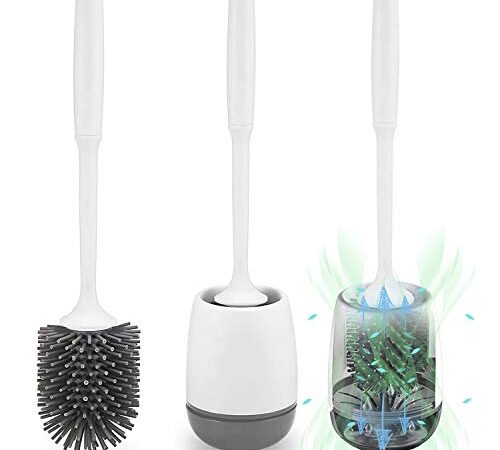 Klobürste Silikon, POPTEN WC Bürste mit Halter Wandmontage & Stehen Silikon Toilettenbürste Set mit Schnell Trocknendem Haltersatz für Badezimmer – Weiß/Glau