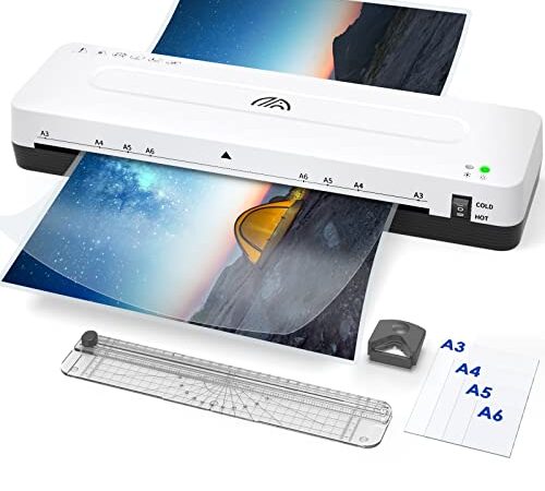 Laminiergerät A3 Laminiermaschine - 4 in 1 Laminiergerät mit 30 Laminierfolien A3 A4 A5 A6 Kalt und Heiß Laminiergerät mit Papierschneider, Eckrunde für Büro Schule