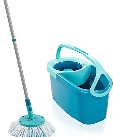Leifheit Set Clean Twist Disc Mop Ergo 2.0, Bodenwischer mit Mikrofaser Bezug für nebelfeuchte Reinigung auf Fliesen und Laminat, Wischmopp mit Click-System und Schleudertechnologie