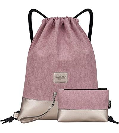 LIVACASA Turnbeutel Mit Reißverschluß Innentasche Sportbeutel Hipster Gym Bag Gefüttert Rucksack Mit Verstellbar Tunnelzug Gymsack für Damen und Herren (Rosa mit Geldtasche, 42x33cm)