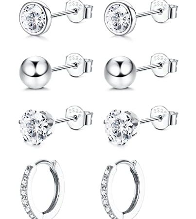 LOLIAS 4 Paar 925 Sterling Silber Ohrstecker für Frauen Mädchen Hypoallergen Silber Creolen Set Kleiner Knorpel Zirkonia Creolen Set für mehrere Piercings