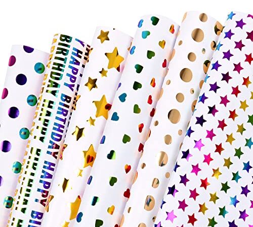 MAMUNU Geschenkpapier, 6 Stück Geburtstagsgeschenkpapier, Bunte Geschenk Papier Geschenkverpackung Papier für Geburtstag Weihnachten Feier Kindertag Valentinstag, Muttertag Alle Anlässe, 50CM x 70CM