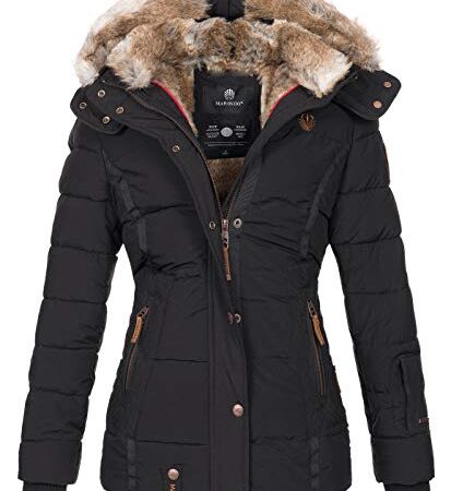 MARIKOO warme Damen Winter Jacke Winterjacke Steppjacke gefüttert Kunstfell B658 [B658-Nek-Schwarz-Gr.M]