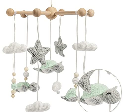 Minime Baby Mobile für Babybett Wickeltisch, Windspiel, Hängende Bettglocke, Babyzimmer, Teddy, Schildkröte, Bio-Baumwolle, Gehäkelt, Holz - Babyausstattung für Mädchen und Jungen (Mintgrün)