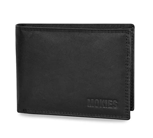 MOKIES Herren Geldbörse G305 aus echtem Leder - 100% Rindleder - RFID und NFC-Schutz - Querformat - Portemonnaie für Männer - Schwarz