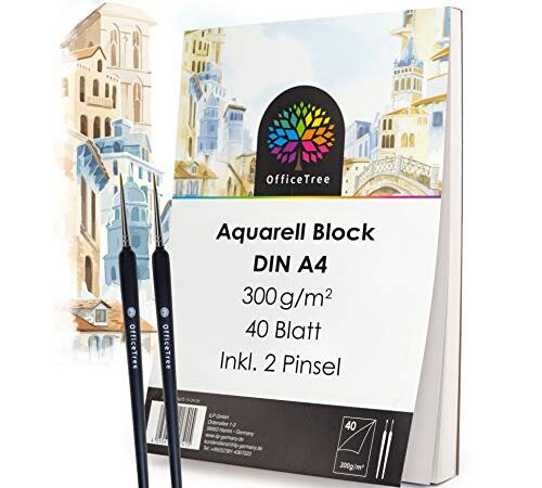 OfficeTree 40 x Aquarellblock A4 300g - Aquarellpapier A4 Weiß – Zeichenblock A4 für Wasserfarben - Papier für Aquarellmalerei - Zeichenblock Aquarell Papier A4 inklusive 2 Pinsel