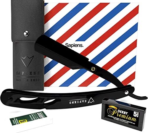 Rasiermesser Herren Set von Sapiens Barber Shop - Bart Rasierer Herren mit 10 Derby Doppel Rasierklingen und Kunstleder Etui - Barber Rasierer mit Wechselklinge - Straight Razor Black Edition