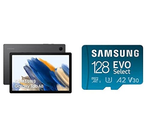 Samsung Galaxy Tab A8, Android Tablet, WiFi, 7.040 mAh Akku, 10,5 Zoll TFT Display + Samsung EVO Select 128GB microSDXC UHS-I U3 130MB/s Full HD & 4K UHD Speicherkarte inkl. SD-Adapter