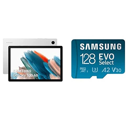 Samsung Galaxy Tab A8, Android Tablet, WiFi, 7.040 mAh Akku, 10,5 Zoll TFT Display + Samsung EVO Select 128GB microSDXC UHS-I U3 130MB/s Full HD & 4K UHD Speicherkarte inkl. SD-Adapter