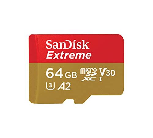 SanDisk Extreme microSDXC UHS-I Speicherkarte 64 GB + Adapter (Für Smartphones, Actionkameras und Drohnen, Rot/Gold, A2, C10, V30, U3, 160 MB/s Übertragung, Rescue Pro Deluxe)