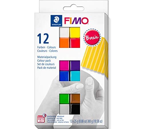 STAEDTLER ofenhärtende Modelliermasse FIMO soft in basic Farben, weich und geschmeidig, speziell für Einsteiger und Hobbykünstler, 12 Halbblöcke á 25g in sortierten Farben, 8023 C12-1