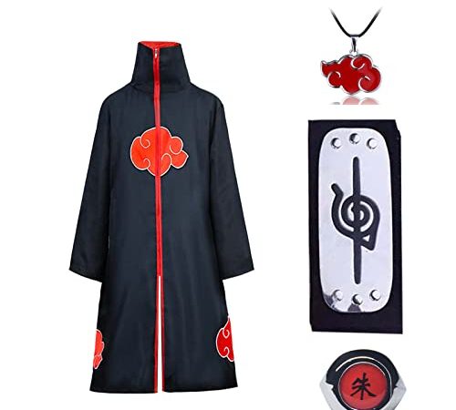 Vesvmi Uchiha Itachi Umhang Mantel Anime Cosplay Kostüm für Kinder Erwachsener Unisex Cosplay Halloween Weihnachten Party Kostüm mit Stirnband und Ring (XS)