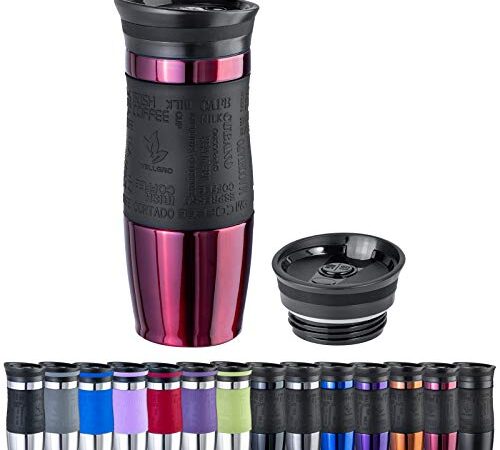 WELLGRO Thermobecher 400 ml + 1 Extradeckel - Edelstahl rostfrei - Silikon Soft-Touch Griffstück - BPA-frei - Isolierbecher doppelwandig - Travel Mug - Kaffeebecher to go, Farbe:Rot Metallic