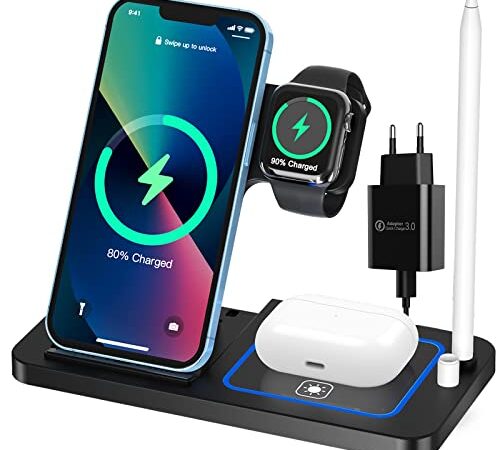 Wireless Charger, 18W 4 in 1 Induktive Ladestation für iWatch SE/7/6/5/4/3/2, Air Pods Pro/2, QI Ladestation Kompatibel mit iPhone 14/13/12/12 Pro Max/11 Series/XS Max/XR/XS/X/8/8 Plus/Samsung Galaxy