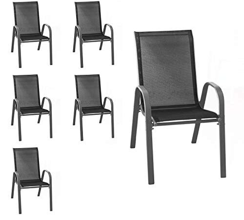 Wohaga® 6er Set Stapelstuhl 'New York', Textilenbespannung Schwarz, Stahlgestell pulverbeschichtet Anthrazit, stapelbar, Gartenstuhl