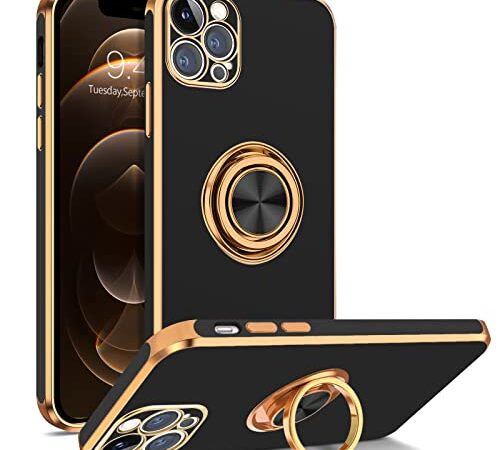 YINLAI iPhone 12 Pro Max Hülle Handyhülle iPhone 12 Pro Max 6.7'' Mit 360 Gold Magnet Ring Ständer Halter Weiche Glitzer Silikon TPU Slim Cover Case Hülle für iPhone 12 Pro Max 6,7 Zoll,Schwarz
