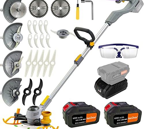YUEWXTER Akku Rasentrimmer (2 x 4.0A Akku und schnelles Ladegerät, Hilfsgleitrad, 90° Drehkopf, Teleslopstiel, 10 Nylonmesser, 4X Metall Klinge, akku freischneider) motorsense ​akku