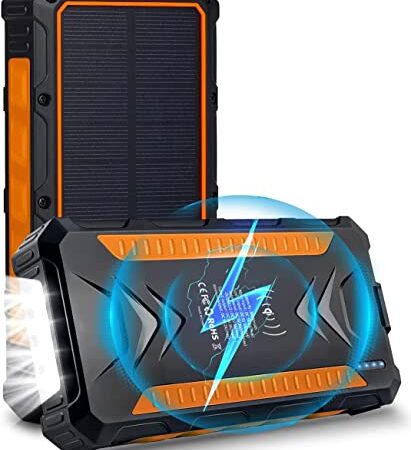 2023 Neueste 36000mAh Qi Wireless Solar Powerbank, Maxesla Outdoor Wasserdichtes Solar Ladegerät mit 4 USB/Typ C Ausgängen und LED-Lampe, Tragbares Power Bank Solarpanel für Smartphones,Handys,Tablets