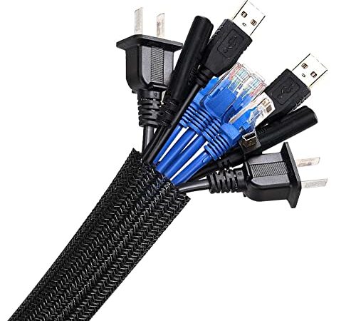 AGPTEK 2m Kabelschlauch, 25-39mm selbstschließend Kabelkanal, Flexibler gewebter Kabelmantel, Kabelmanagement für Schreibtisch, TV, Computer, PC, Kabelschutz für Hund, Katze, Schwarz