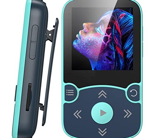 AGPTEK MP3 Player Bluetooth 5.0 Sport 32GB mit 1,5 Zoll TFT Farbbildschirm, Mini Musik Player mit Clip, Unterstützt bis 128GB SD Karte, mit unabhängiger Lautstärketaste, FM Radio, Schrittzähler, Blau