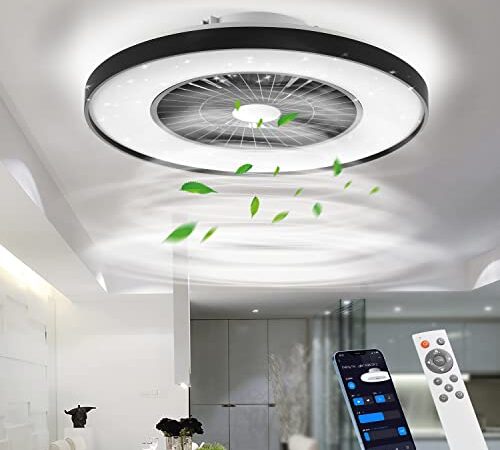 BKZO moderne Smart-LED-Deckenleuchte mit Ventilator, Deckenventilator mit Lampe, 24 Lüftungsgeschwindigkeiten, mühelose Lichtdimmung, 3000-5500 K, schwarzer Rahmen, 60CM