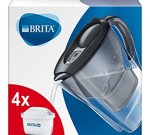 BRITA Wasserfilter Marella graphit inkl. 4 MAXTRA+ Filterkartuschen – Filter-Kanne (2,4l) zur Reduzierung von Kalk, Chlor, Blei & Kupfer im Leitungswasser – jetzt in nachhaltiger Verpackung