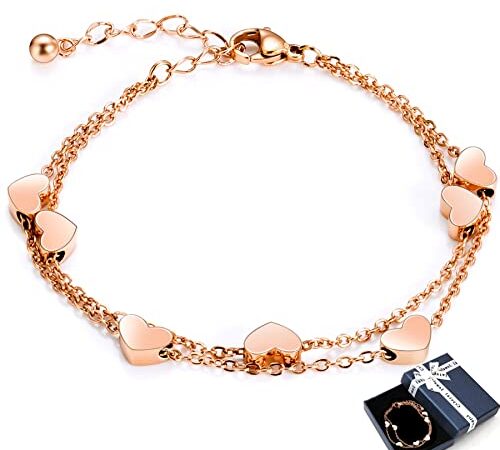 Crazy-m Rosegold Herzen Damen Armband Layered Armband mit Herz Anhängern Doppelt Kette Armband für Frau Armkette Edelstahl Bracelet aus Titan