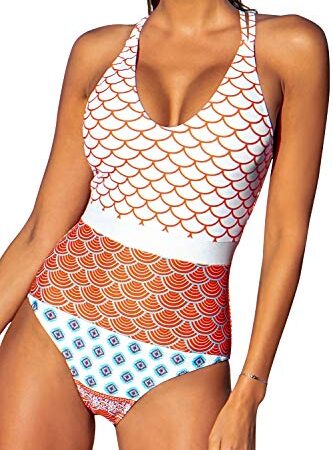 CUPSHE Damen Badeanzug mit überkreuzten Trägern U Ausschnitt Grafikprint Einteilige Bademode Swimsuit Mehrfarbig XL