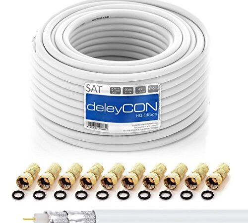 deleyCON HQ 20m SAT Koaxial Kabel 130dB - 4-fach geschirmt für DVB-S - S2 DVB-T und DVB-C - Stahl/Kupfer Innenleiter - 4K 1080p FULL HD HDTV - inkl. 10x vergoldete F-Stecker