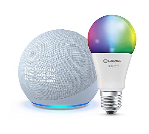 Echo Dot (5. Gen, 2022) mit Uhr, Graublau + Ledvance Multicolor Smart Bulb (E27), Funktionert mit Alexa - Smart Home-Einsteigerpaket