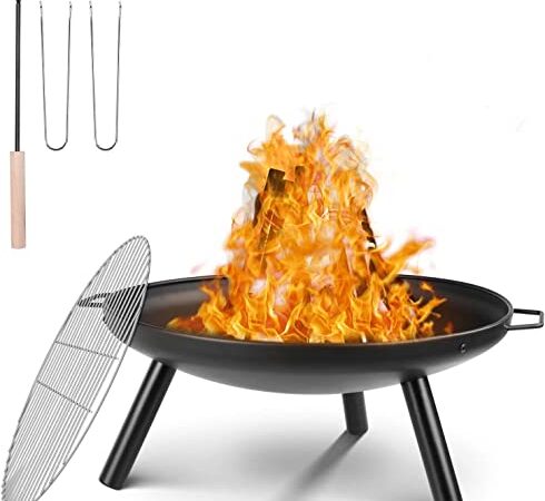Feuerschale Ø 61 cm, Feuerstelle mit Grillrost & Griffen, Multifunktional Feuerschalen für Heizung/BBQ, Garten Feuerkorb & Grill, für Camping Picknick Garten, 68 x 61 x 28.5cm,tragbar