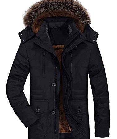 FTCayanz Herren Warme Winterjacke Parka Lang Wintermantel Mit Kunstfell Kapuze Outdoor Gefütterte Steppjacke Jacke Schwarz L