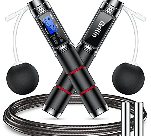 Gritin Springseil mit Zähler, Gewichtetes Speed Rope Springseil mit Digital Kalorienzähler, Längenverstellbares Seil für Männer, Frauen und Kinder