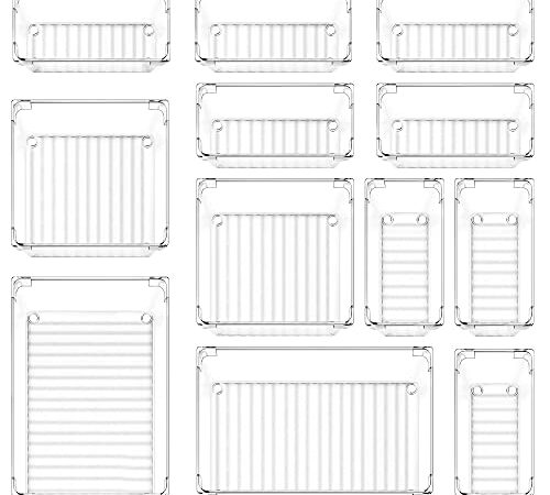 InnoGear Schubladen Ordnungssystem, 12 Pcs Schminktisch Organizer Schubladen Veranstalter Schubladen Organizer Stiftablagen Makeup Organizer für Küchen, Bad, Büro (Transparent)