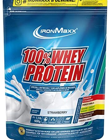 IronMaxx 100% Whey Protein Pulver Molke wasserlöslich, Geschmack Erdbeer, 500 g Beutel (1er Pack)