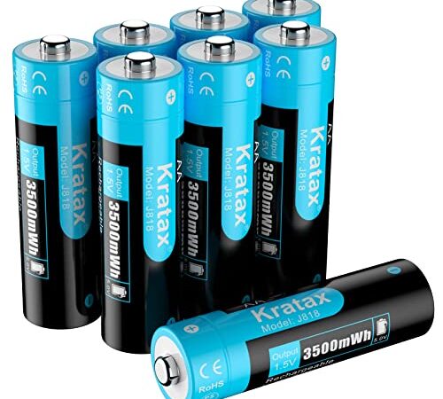 Kratax 1.5V Wiederaufladbarer AA Akku, 3500mWh und 1600 Mal Langer Zyklus, 1.5V Konstanter Ausgang, 8 Stücke Wiederaufladbarer Lithium Akku