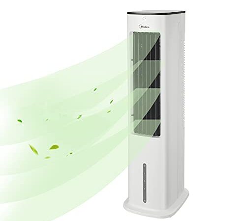 Midea Luftkühler mit Wasserkühlung, Klimaanlage Mobil, Ventilator mit 5L Wasserkühlung, Luftbefeuchter und Ionisation, Klimaanlage Ohne Abluftschlauch, 355m³/h, Ventilator mit Fernbedienung,55W,Weiß