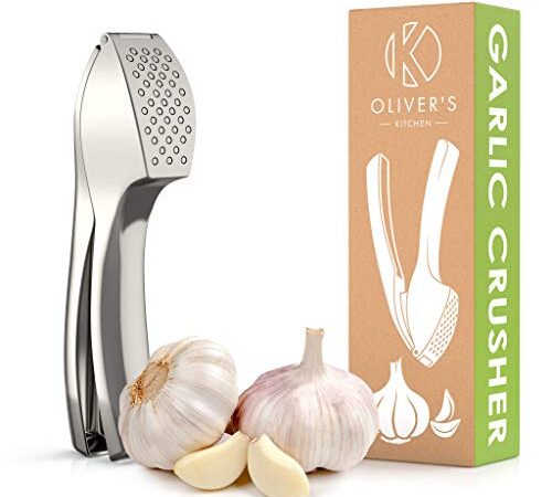 Oliver's Kitchen ® Premium Knoblauchpresse - Handlich & Leicht zu Reinigen - Pressen Sie Knoblauch & Ingwer Mühelos (Kein Schälen Nötig) - Extra Stark & Strapazierfähig - Stylische Zinklegierung