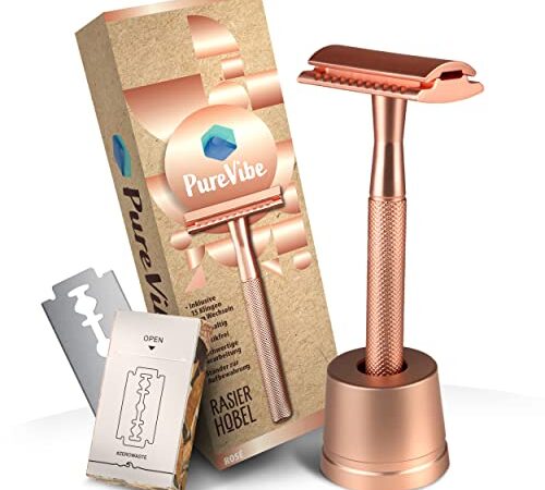 PureVibe Rasierhobel | Nachhaltiges Rasierhobel Set mit 15x Edelstahlklingen, Ständer, Sicherheitsblatt, Etui | Plastikfreier Hobel Rasierer für Frauen und Männer | Silber, Rosegold | Zero Waste
