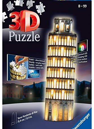 Ravensburger 3D Puzzle Schiefer Turm von Pisa bei Nacht, 3D Puzzle für Kinder und Erwachsene, Wahrzeichen im Miniatur-Format, Leuchtet im Dunkeln