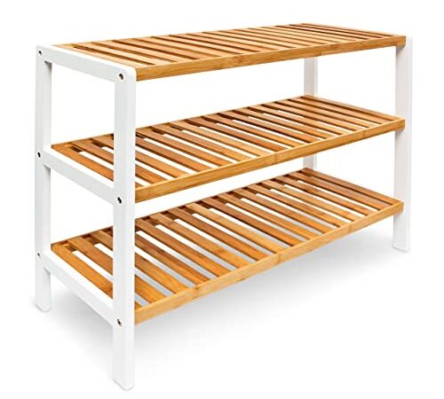 Relaxdays Schuhregal aus Bambus HxBxT: ca. 54,5 x 70 x 24,5 cm Schuhschrank mit 3 Ablagen Schuhablage für 9 Paar Schuhe als Schuhständer und Schuhaufbewahrung aus Holz stabiles Regal, natur und weiß